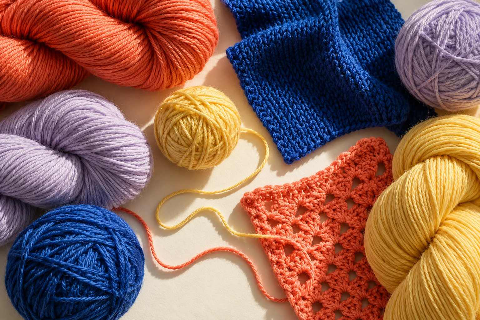 Illustrative still life of coral, cobalt, lavender and yellow yarn with knitted swatches